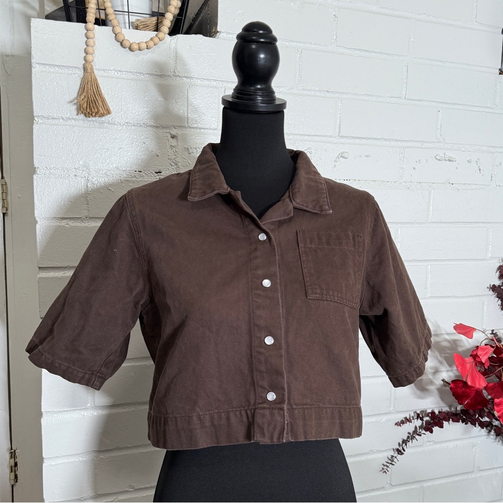 Brown Denim Shirt Button Up Cropped Short Sleeve Fall Jackets Shirts Size 2